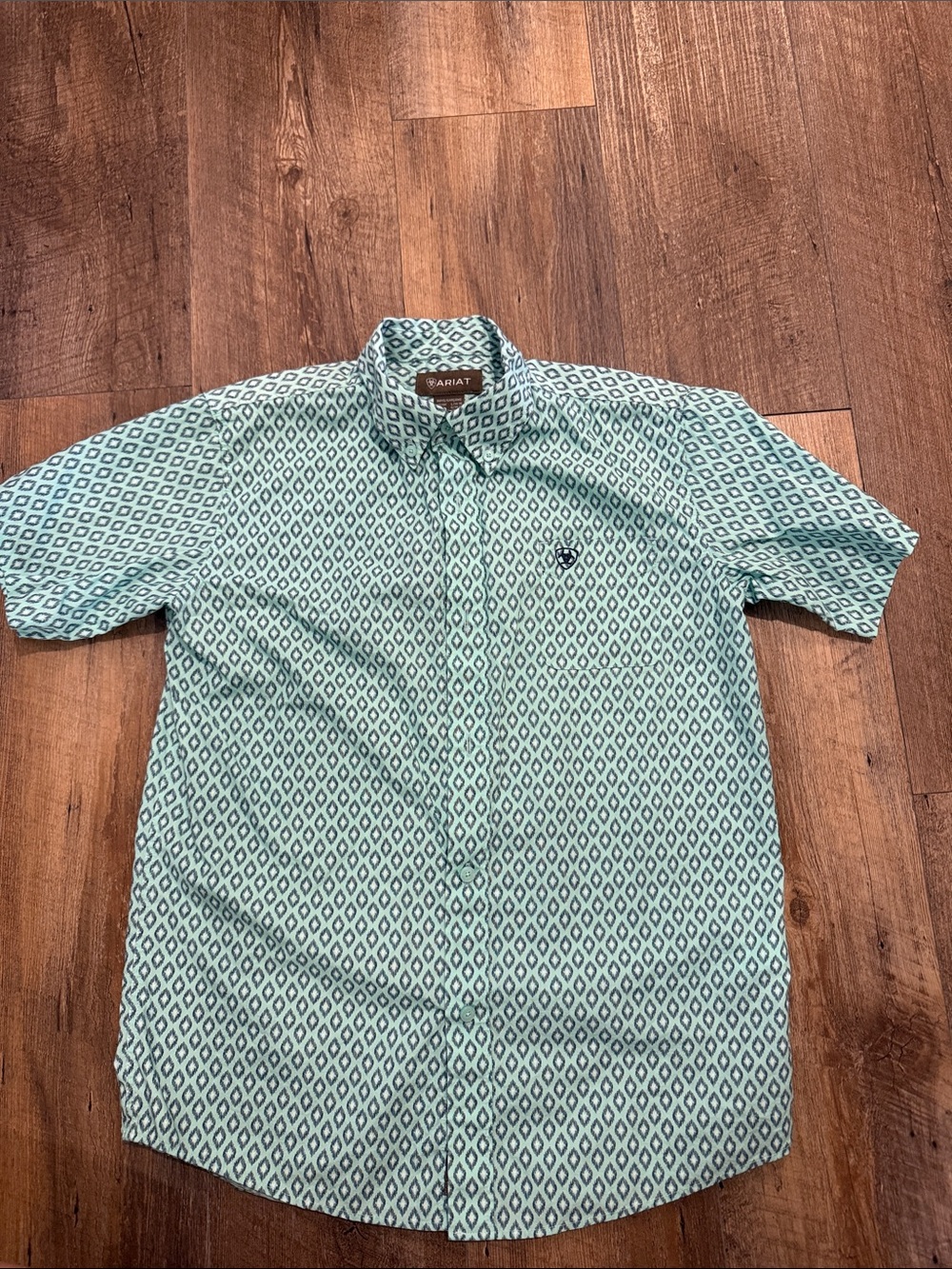 Ariat Boys Teal Geo Print Short Sleeve Button-Up Shirt